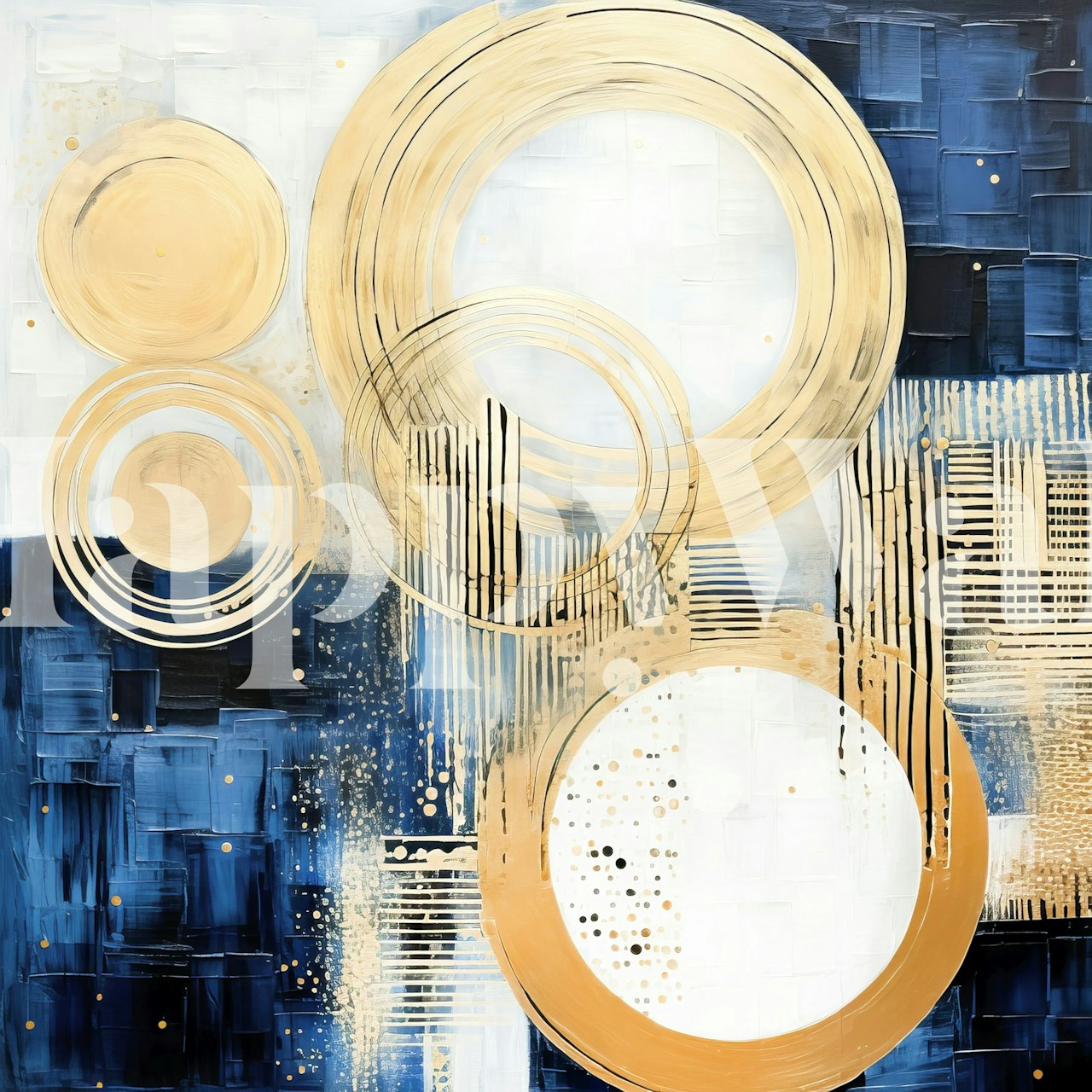 Abstract wallpaper featuring golden circles and blue background with brush strokes.