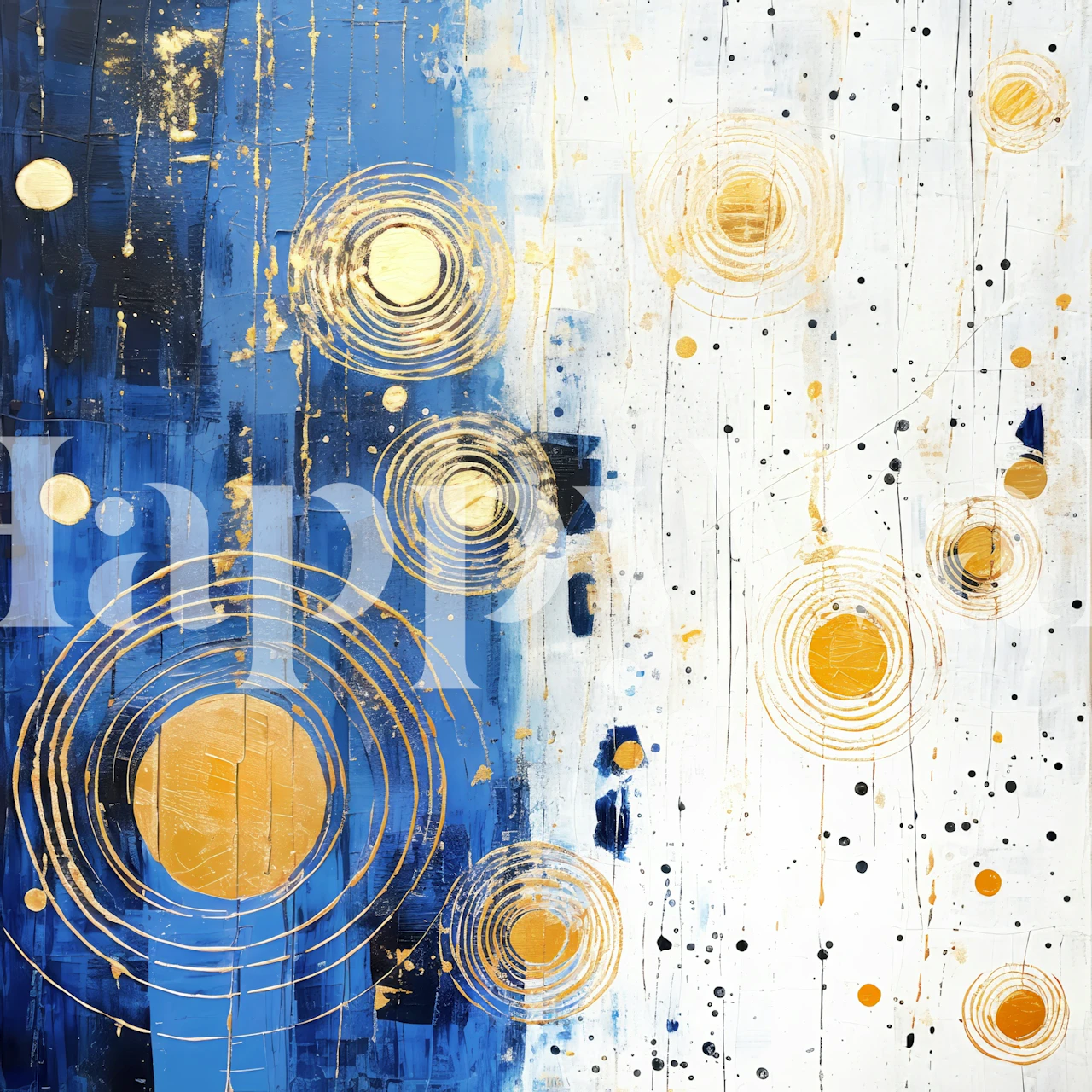 Abstract cosmos-inspired wall mural with circles and splashes in blues and golds