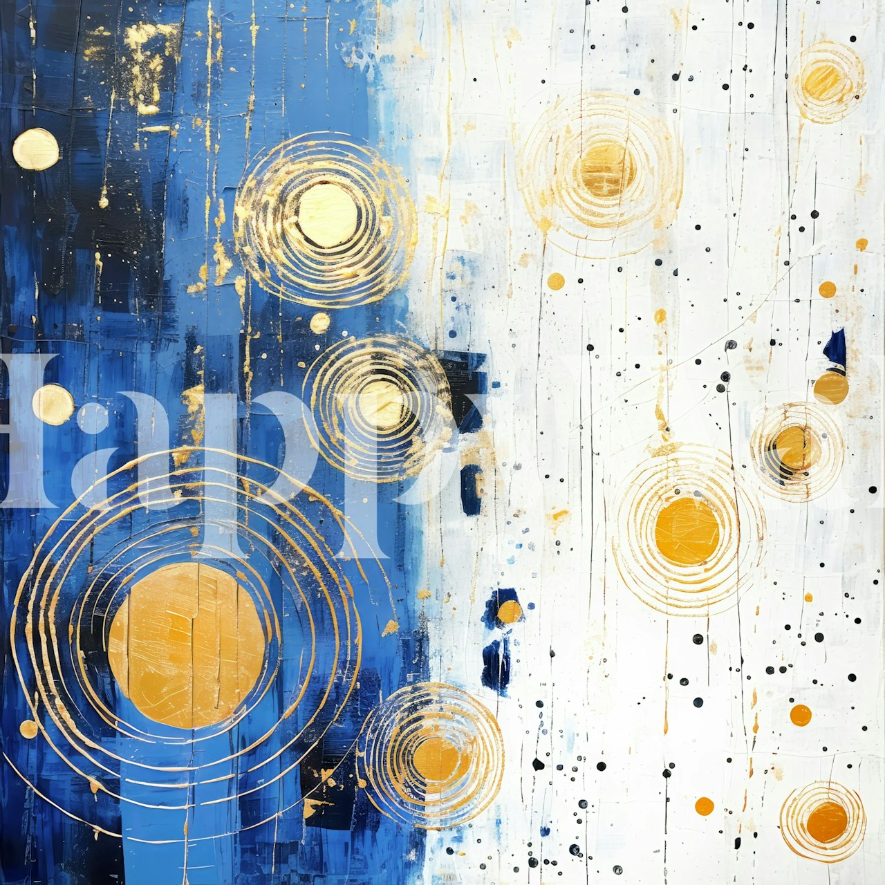 Abstract, op de kosmos geïnspireerd fotobehang met cirkels en spatten in blauw en goud
