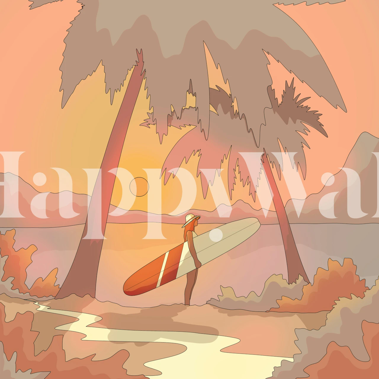 Tropical beach scene with palm trees, sunset hues, and a surfboard wallpaper
