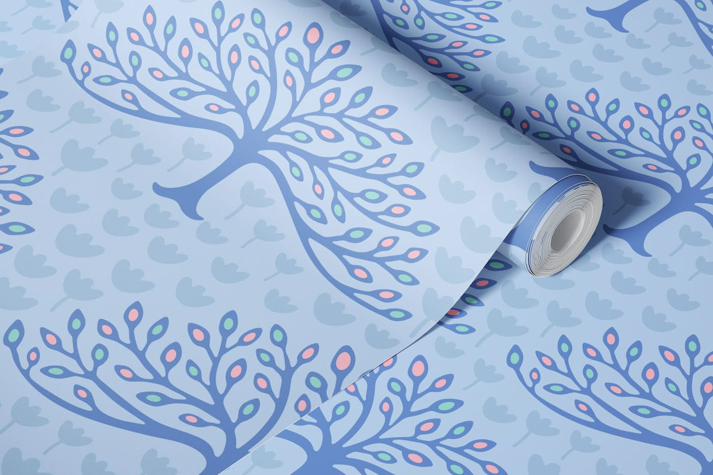 ORCHARD Fruit Trees and Tulips - Summer Blue wallpaper roll