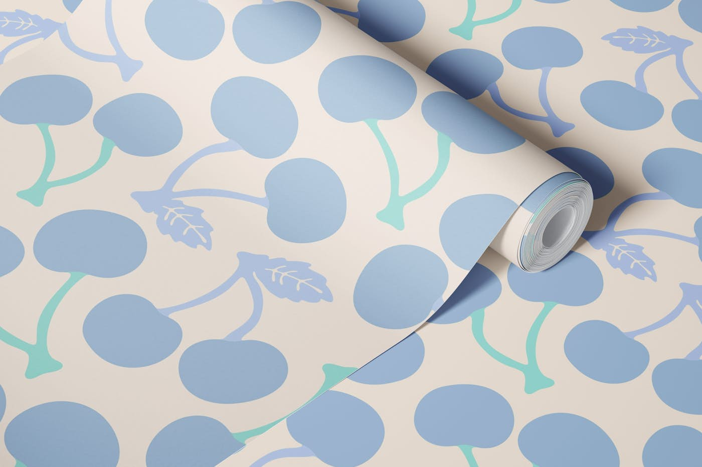 RIPE CHERRIES Mod Fruit Berries - Summer Blue wallpaper roll