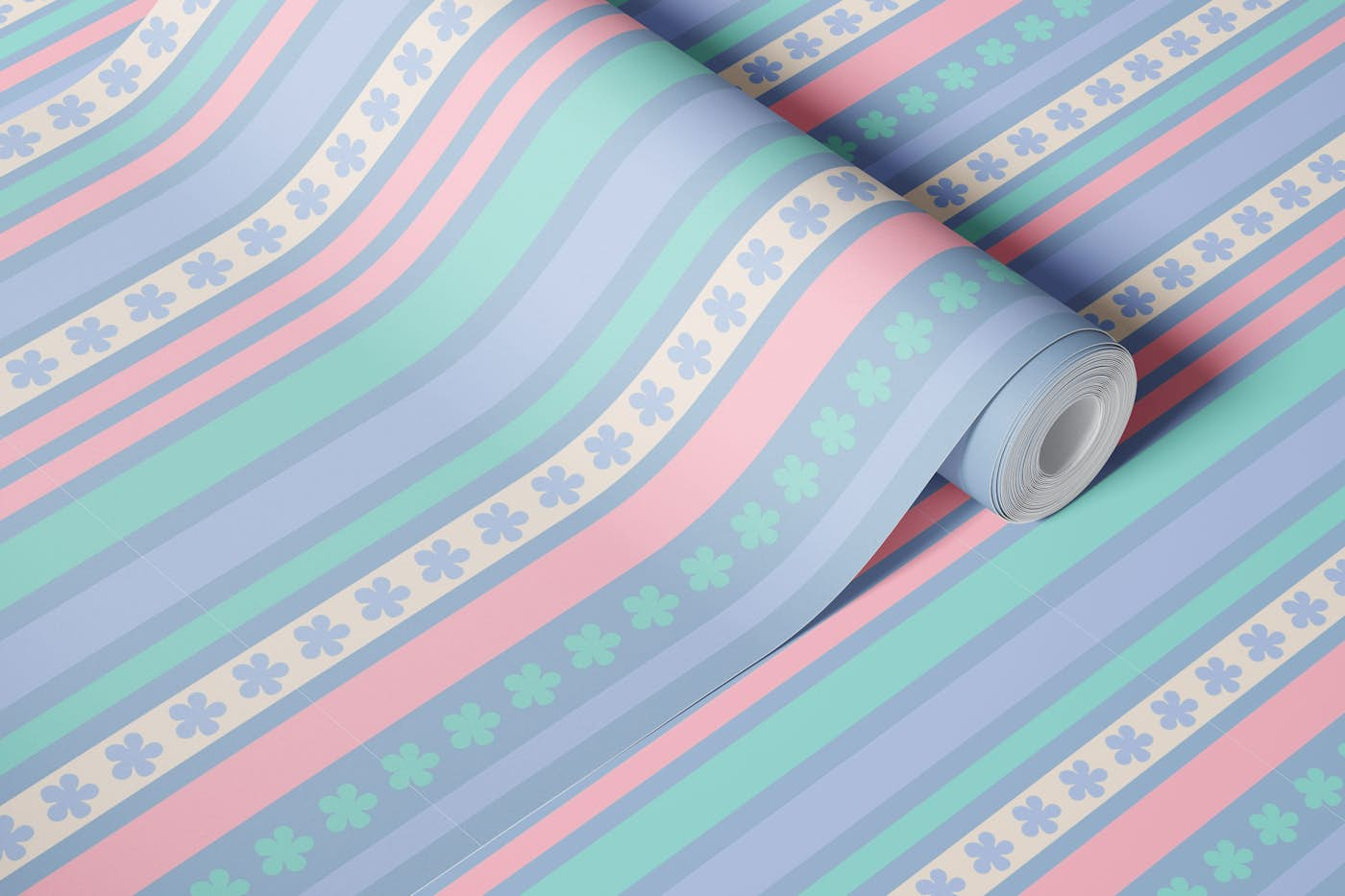 AWNING Floral Stripes - Summer Blue Pink wallpaper roll