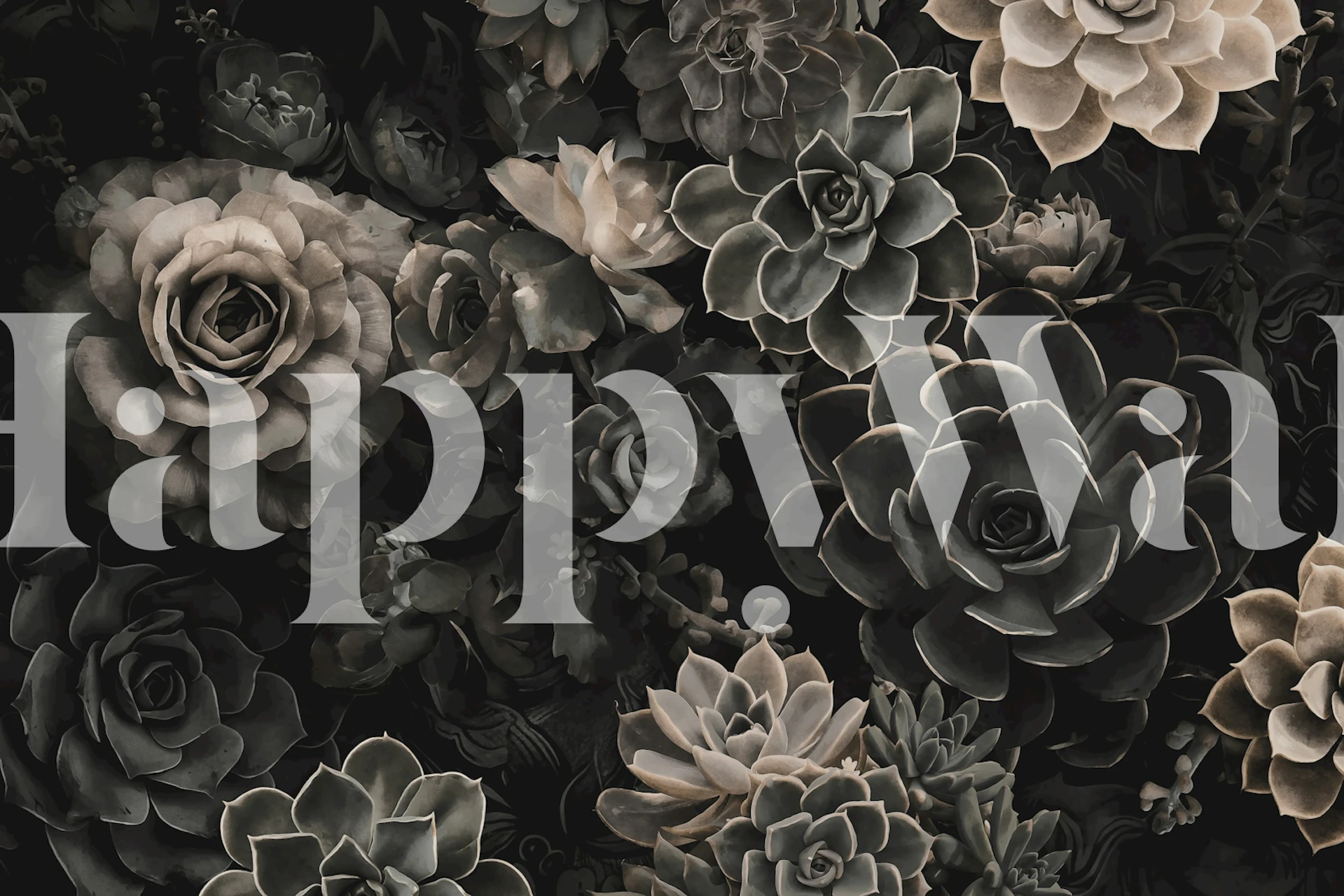 Moody floral and succulent wall mural in grey tones
