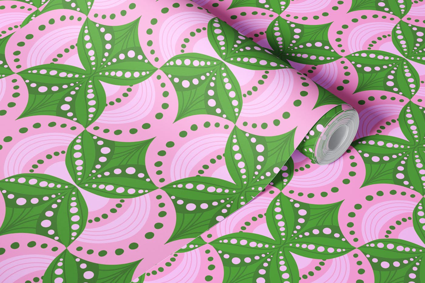 Green and pink geometric scallops wallpaper roll