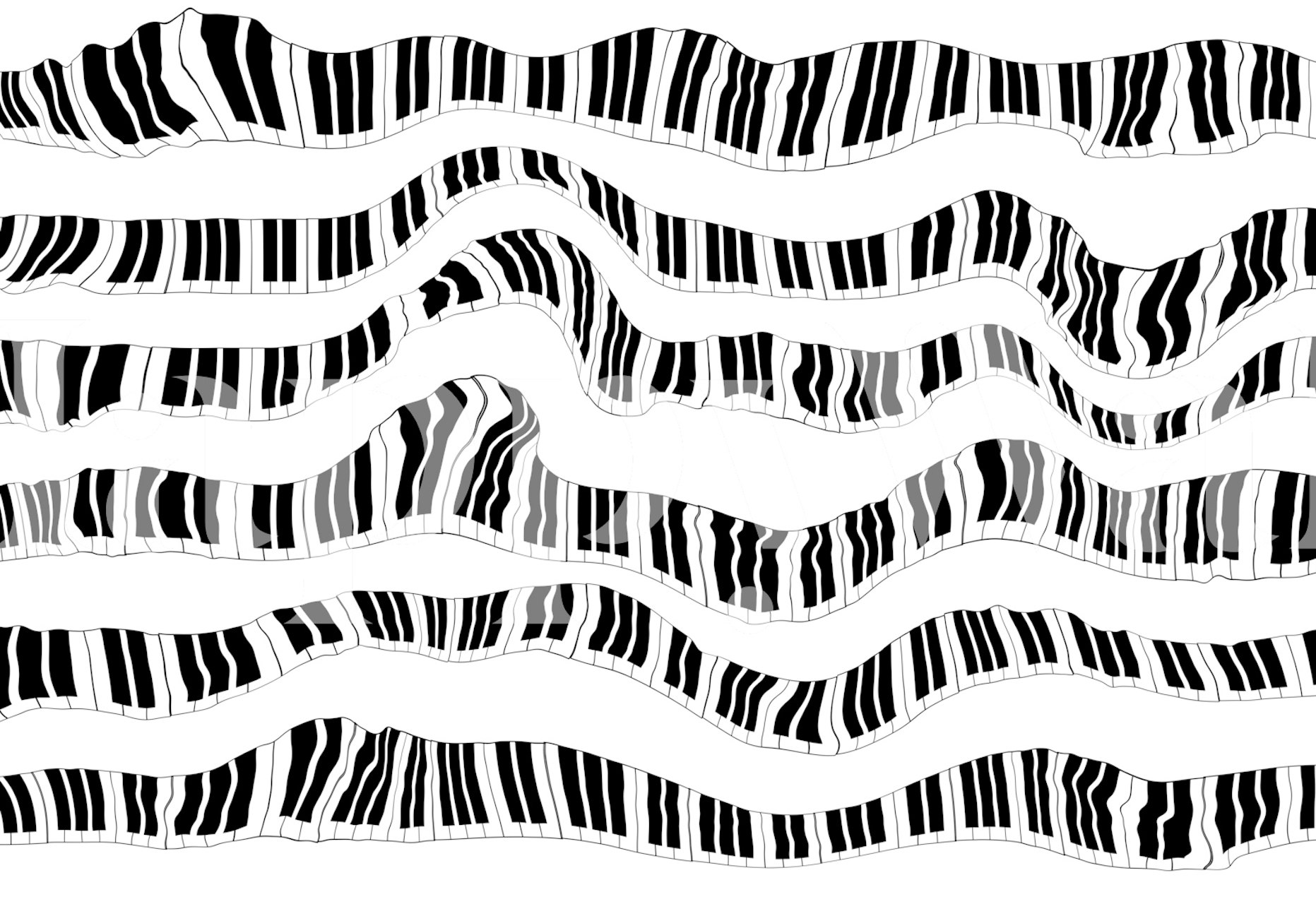 Wavy piano keyboard pattern in black and white wallpaper