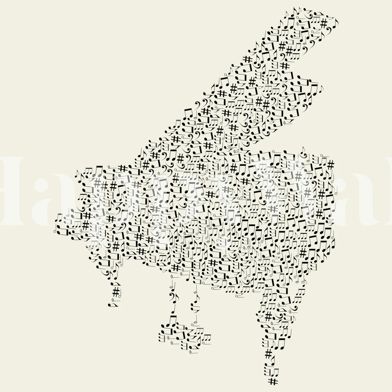 Piano silhouette filled with musical notes in black on cream background wallpaper