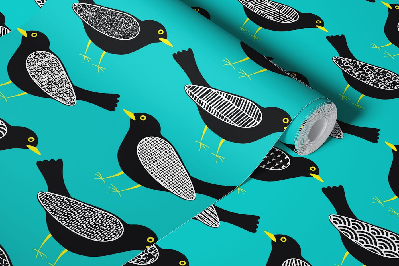 Blackbirds pattern 3 robin egg blue wallpaper roll