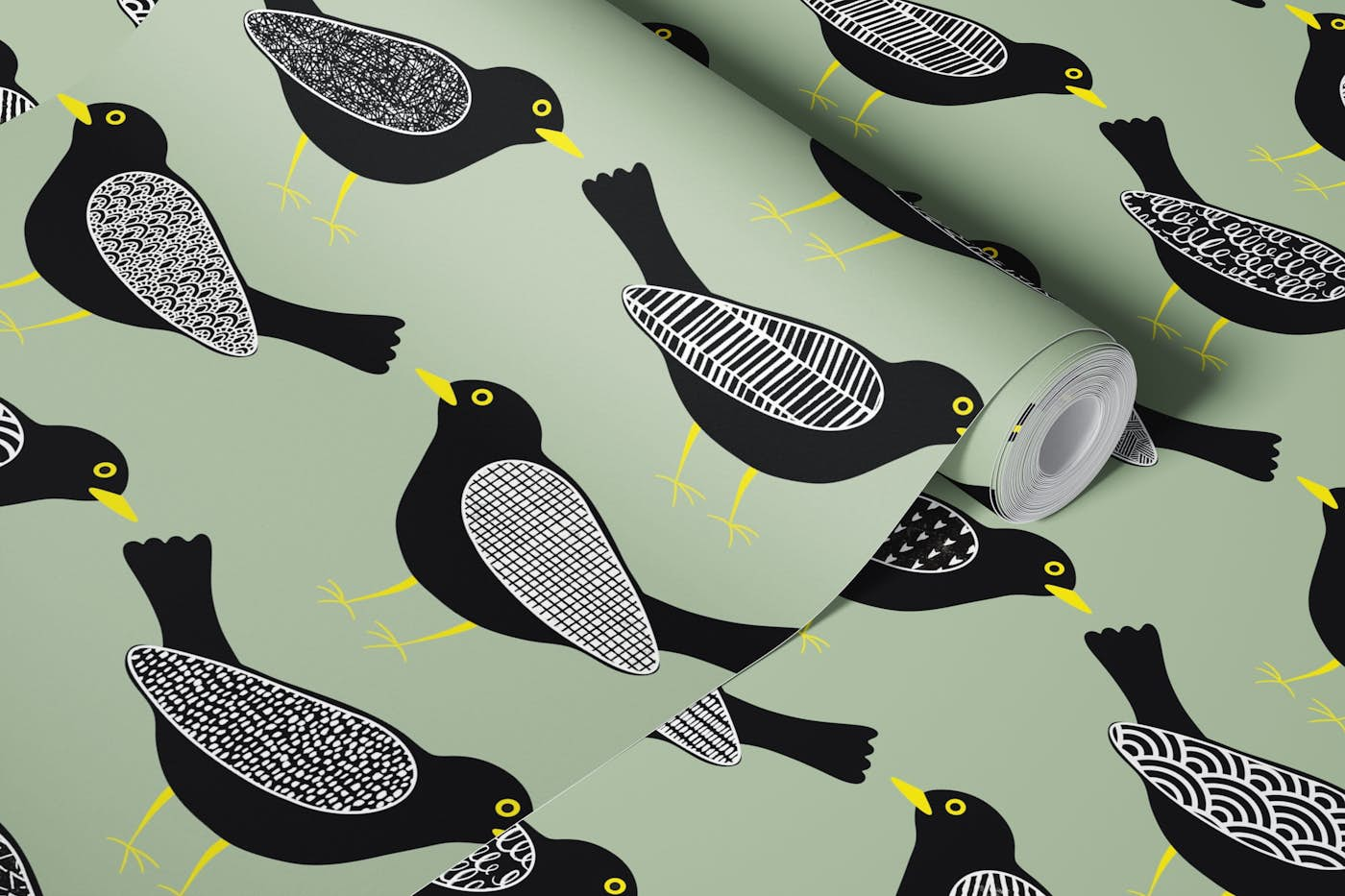 Blackbirds pattern 5 sage wallpaper roll