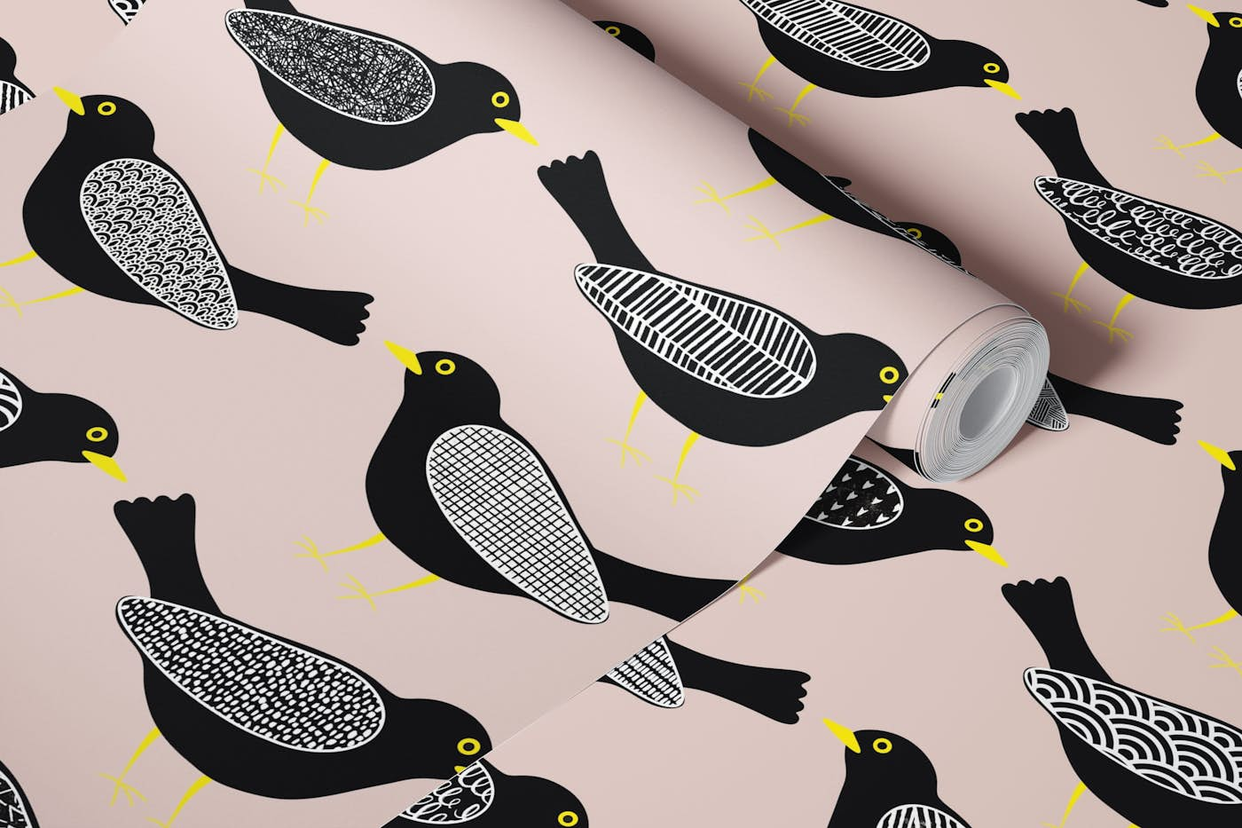 Blackbirds pattern 6 peach blush wallpaper roll