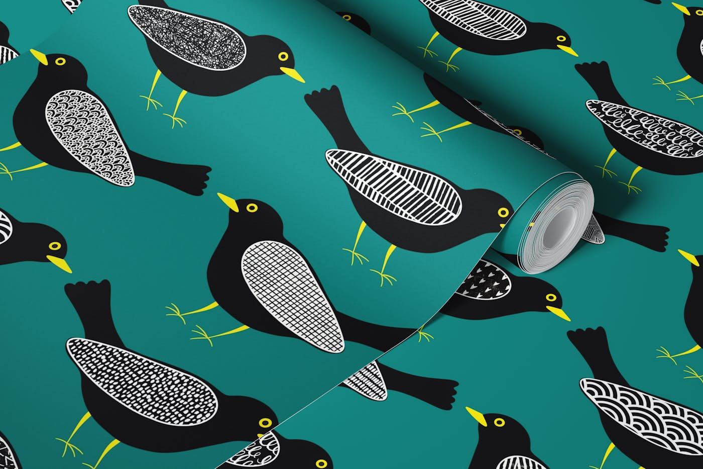 Blackbirds pattern 8 teal wallpaper roll