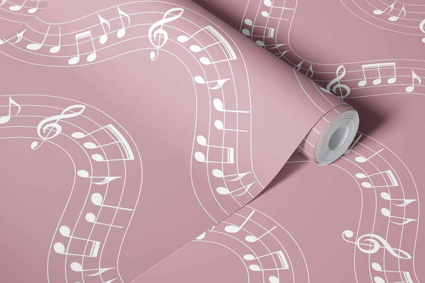 Musical Notes Waves 4 on powder pink wallpaper roll