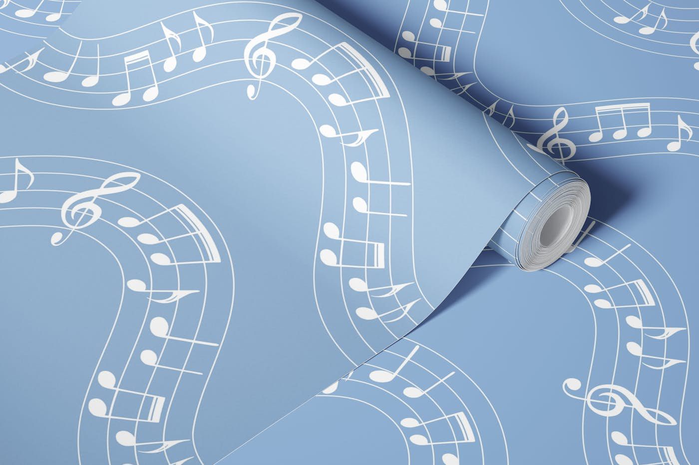 Musical Notes Waves 3 on powder blue wallpaper roll