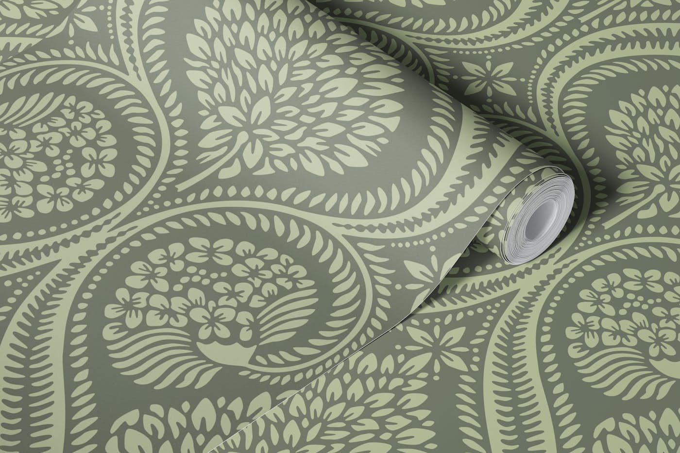 Florence damask - Dark sage - Large scale wallpaper roll