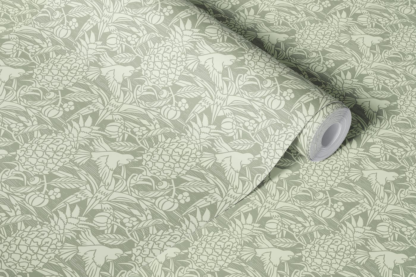 Tropicana damask - sage - Small scale wallpaper roll