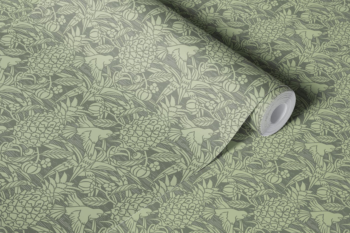 Tropicana damask - Dark sage - Small scale wallpaper roll