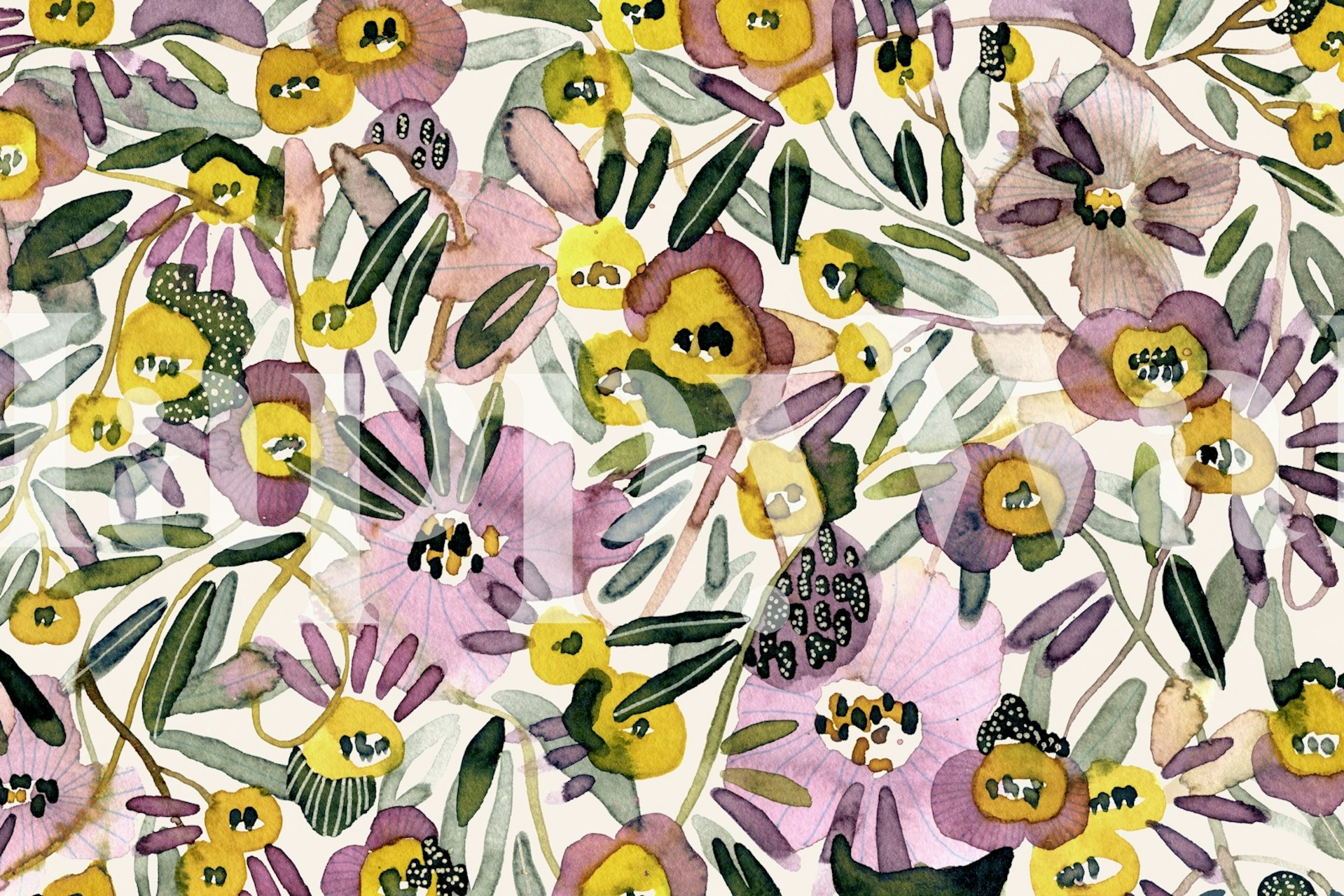 Colorful floral pattern with purple, yellow, and green leaves wallpaper