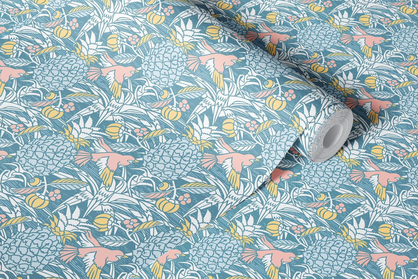 Tropicana damask - Blue palette - Small scale wallpaper roll