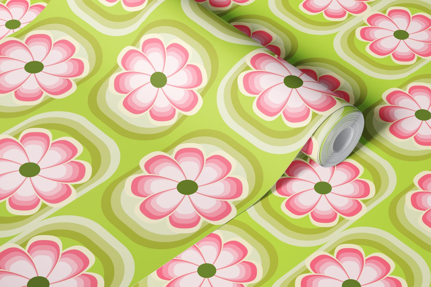 Retro Groovy flowers in lime green and pink wallpaper roll