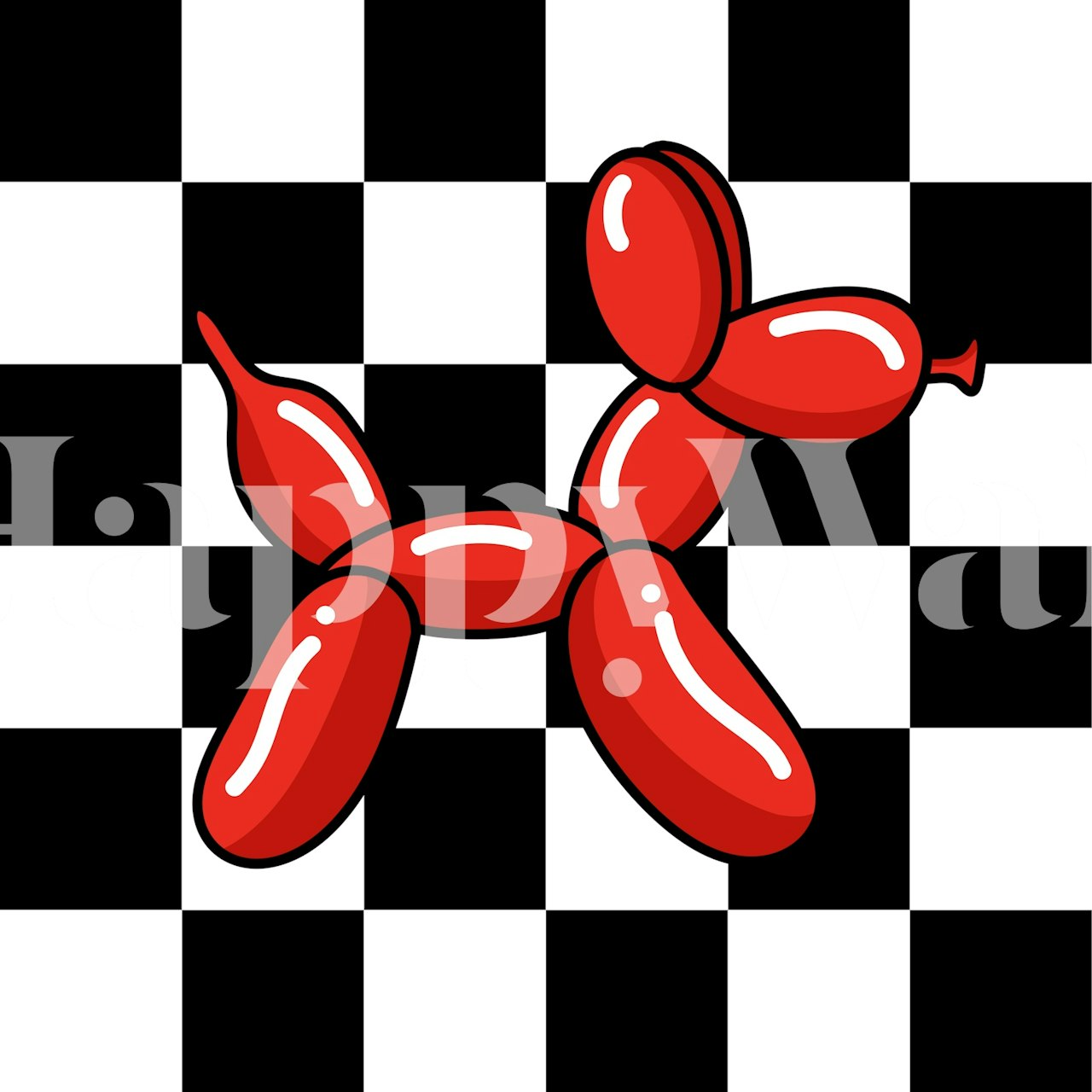 Red balloon dog figure on a black and white checkered background wallpaper