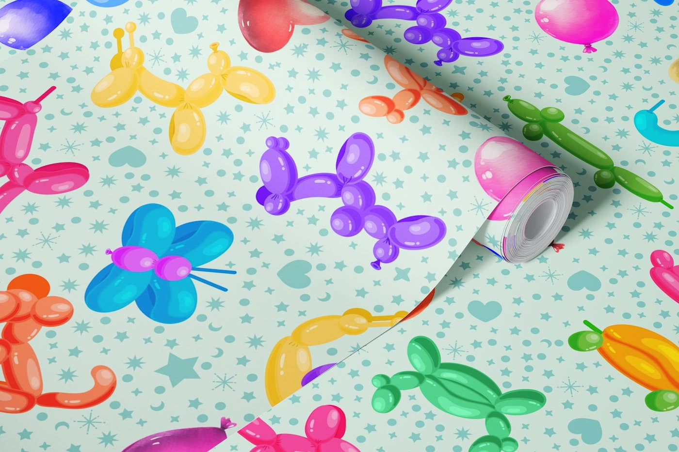 Balloon Animals with Dots and Stars 6 blue wallpaper roll