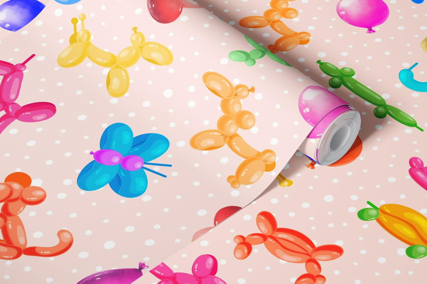 Balloon Animals with Polka Dots 2 pink wallpaper roll