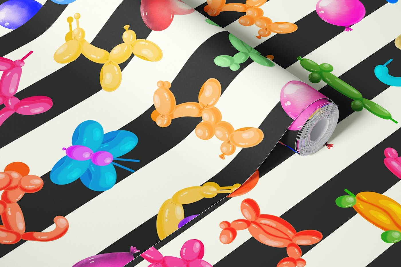 Balloon Animals on Black Stripes wallpaper roll