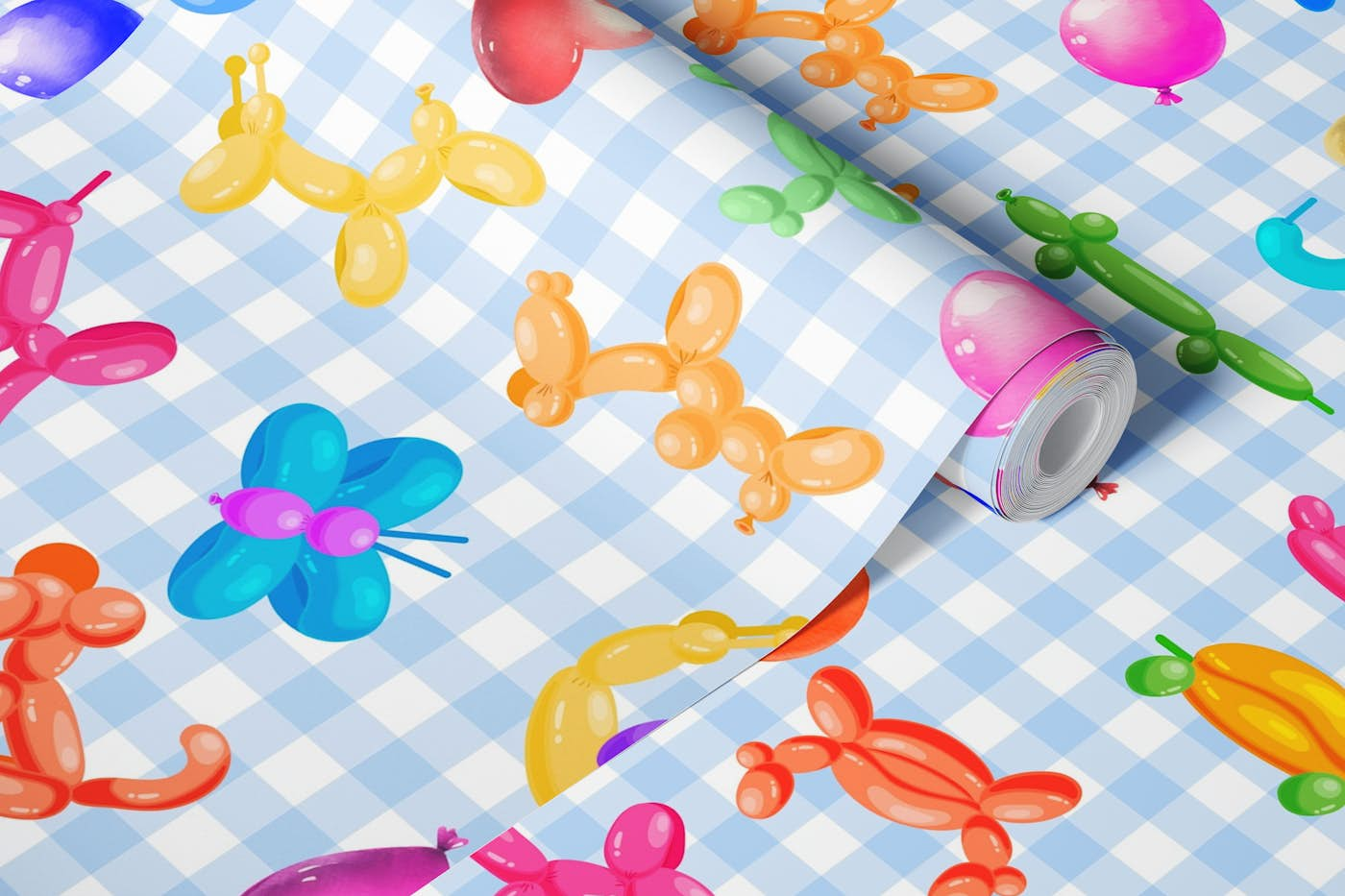 Balloon Animals on Blue Gingham wallpaper roll