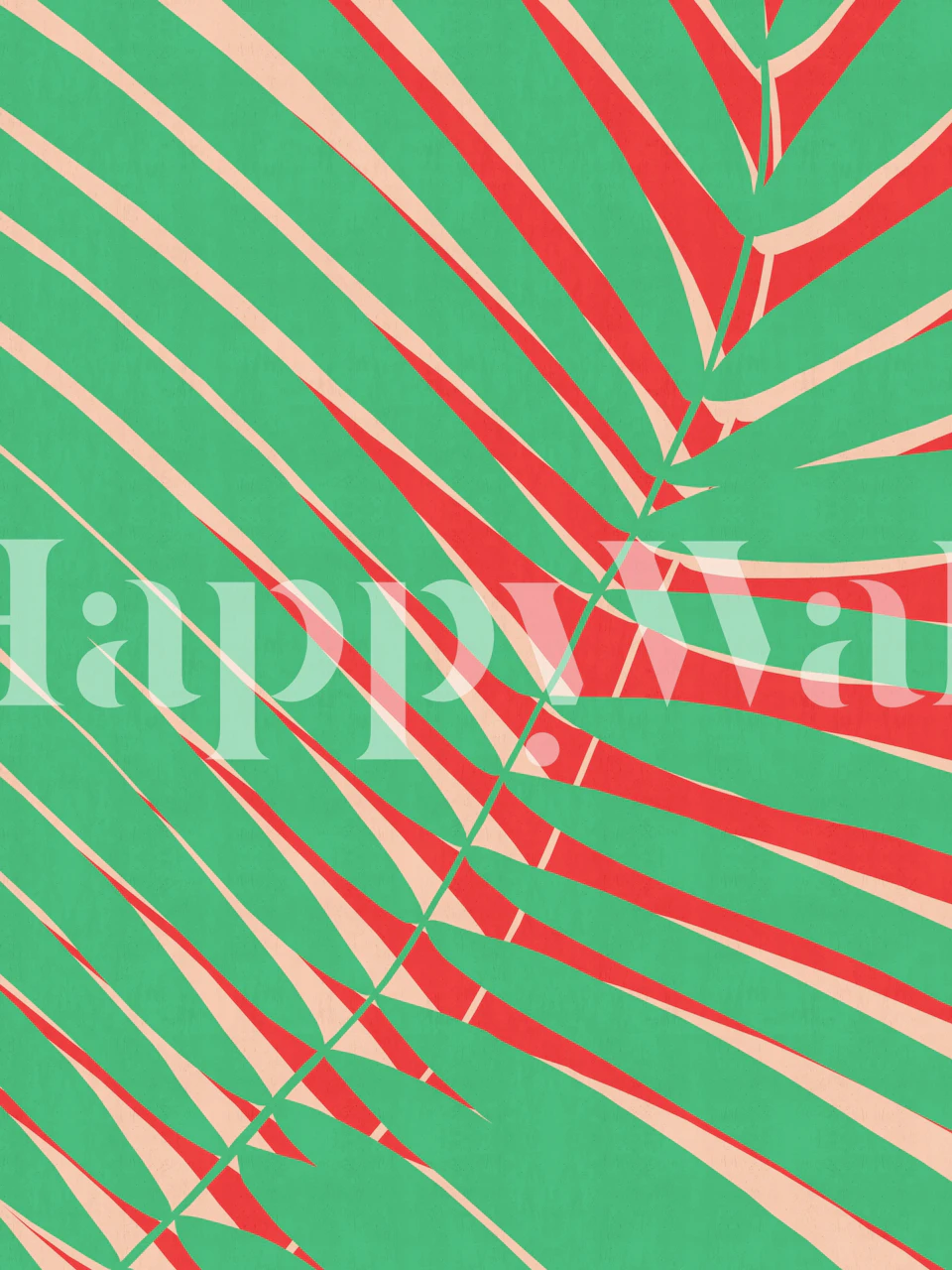 Abstract wall mural with red and green organic shapes and lines on a bright background