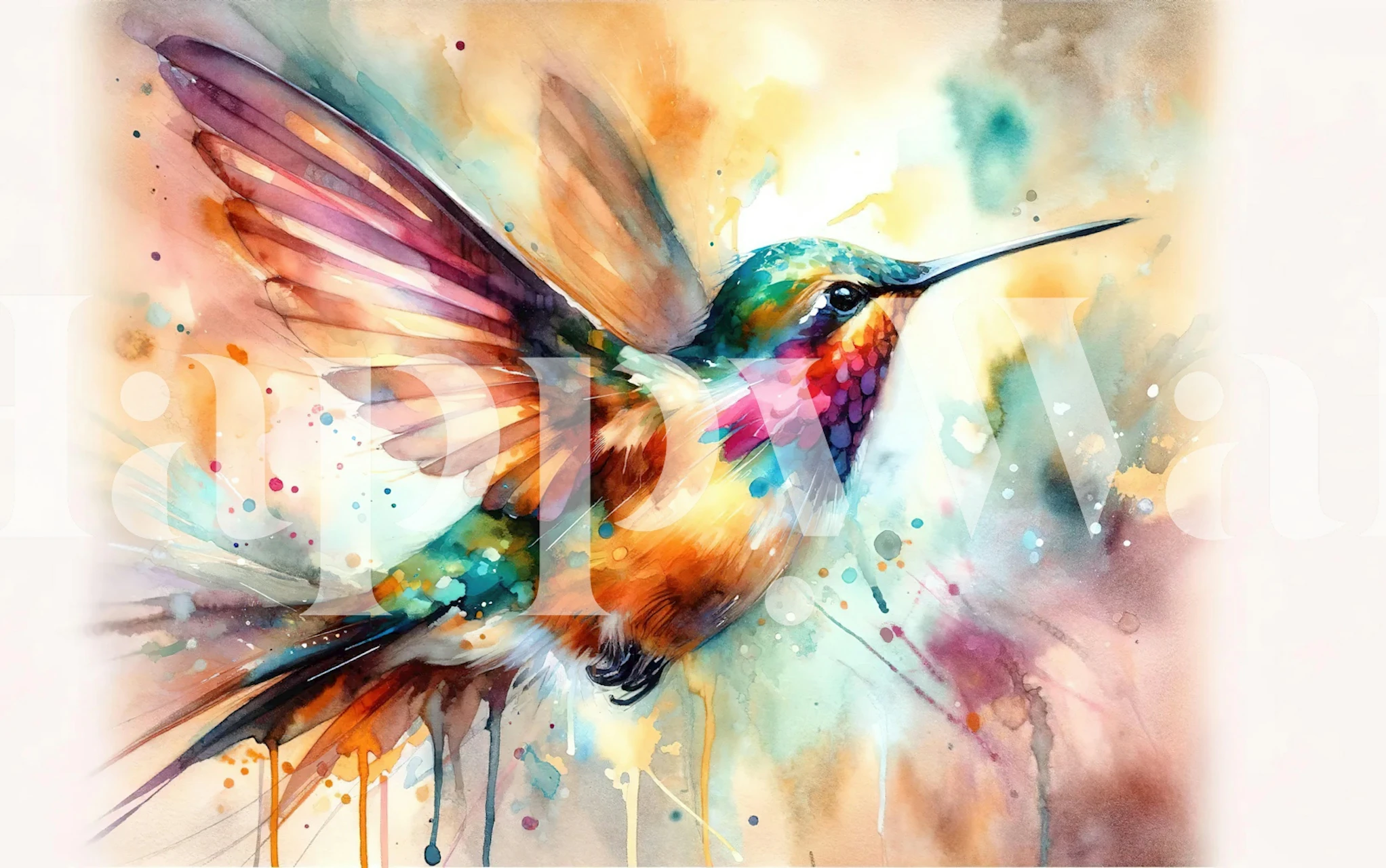 Iridescent Hummingbird Mid Flight behang in een kamer