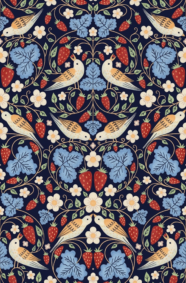 Thrushes, Strawberries and ditsy flowers