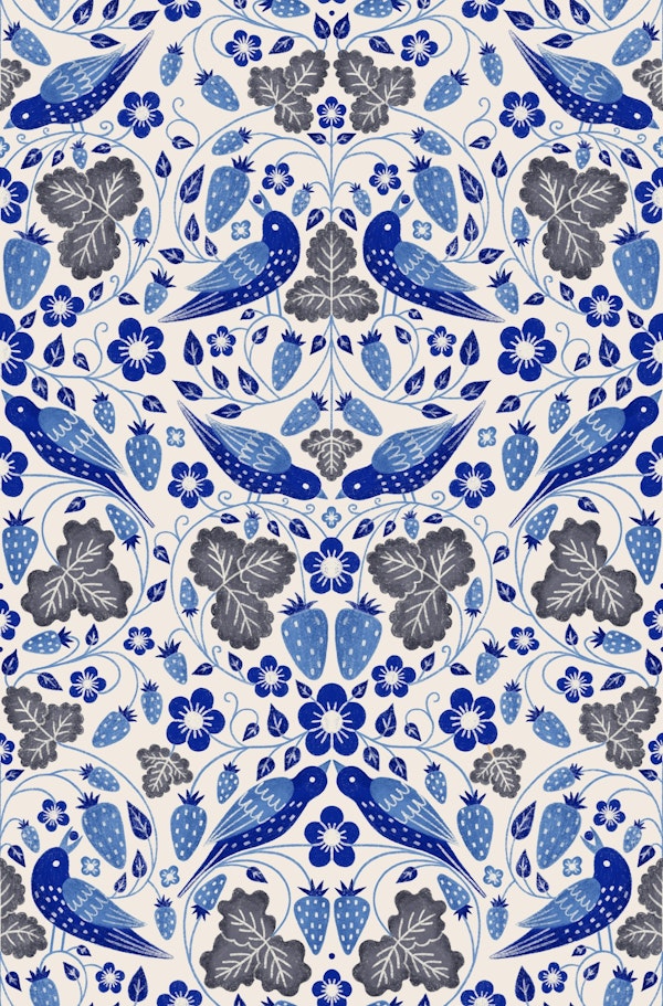 Strawberry field with thrushes