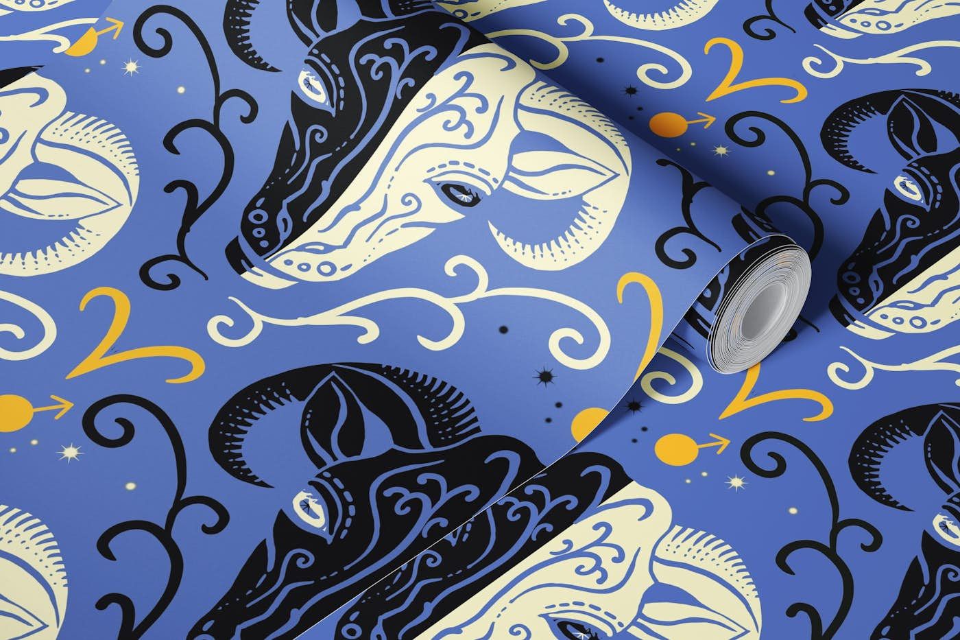 Celestial Aries on blue in linocut style wallpaper roll