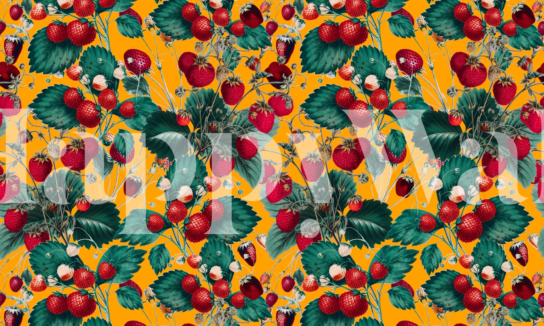 Strawberry pattern with green leaves on bright orange wallpaper
