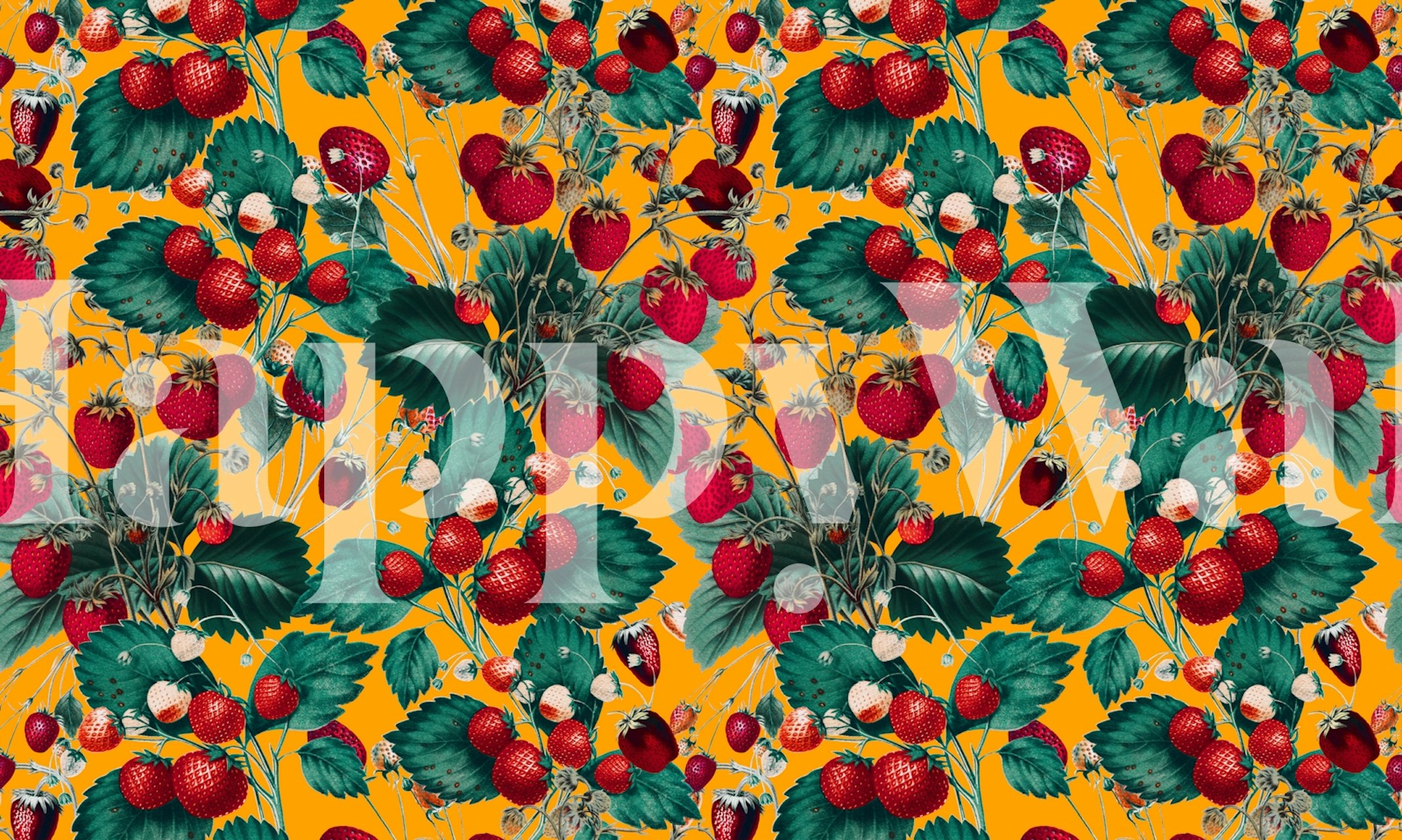 Strawberry pattern with green leaves on bright orange wallpaper