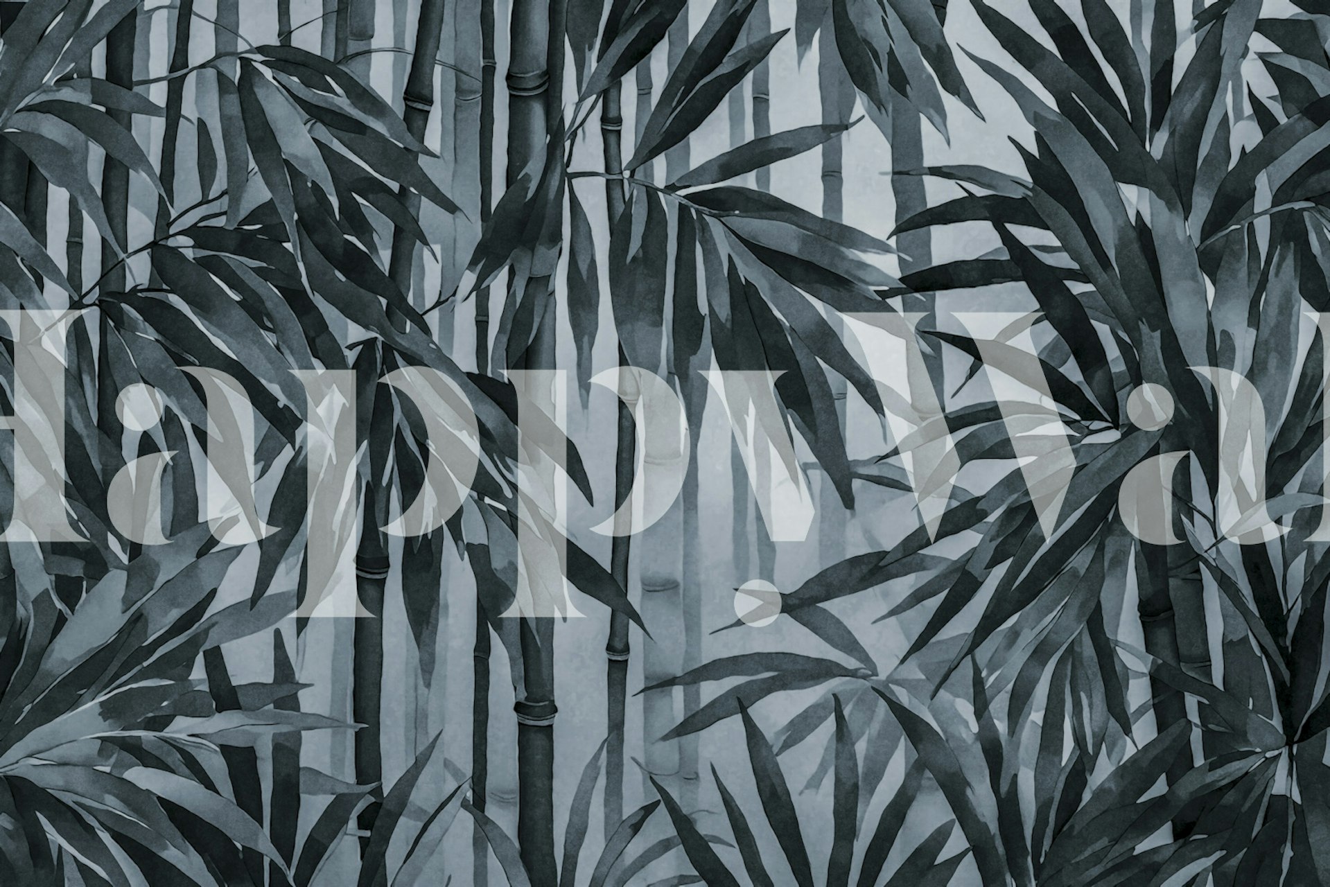 Wall mural of a lush bamboo forest in grey and blue hues, invoking a sense of calm and tranquility.