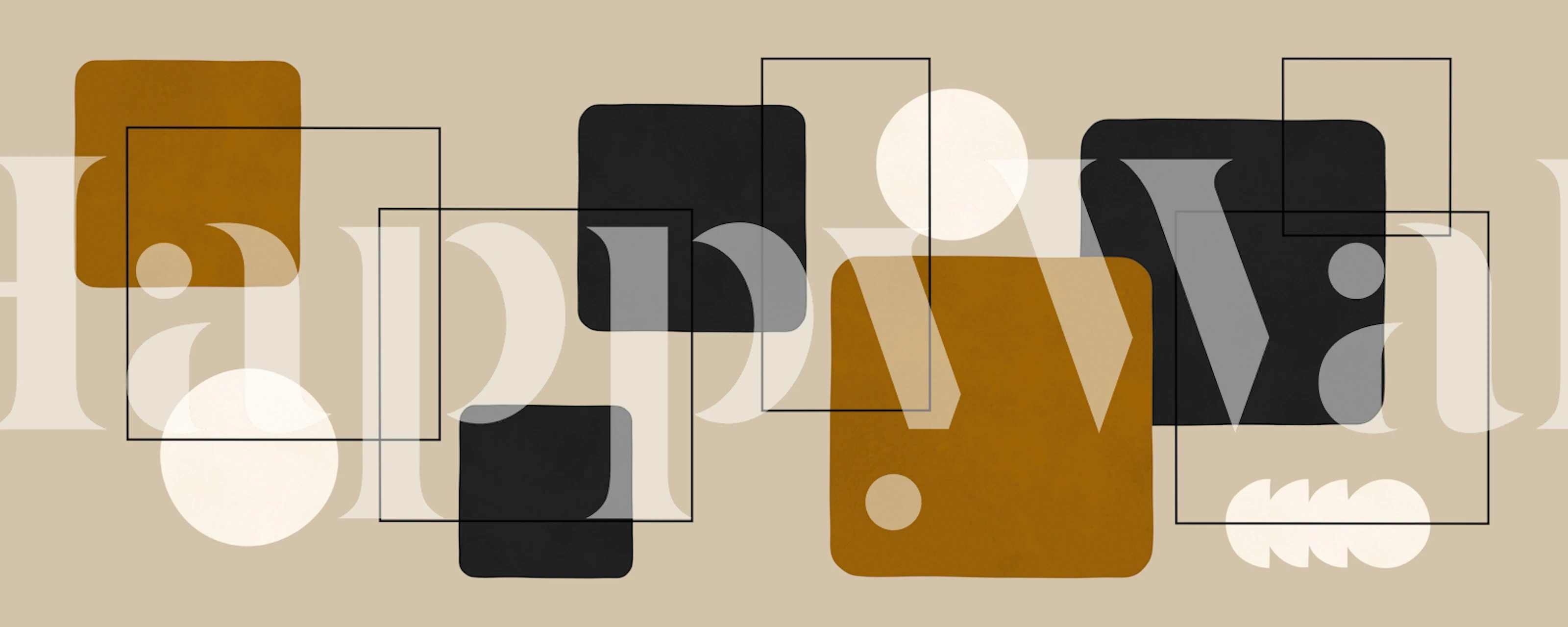 Geometric shapes in black, gold, and white on neutral wallpaper