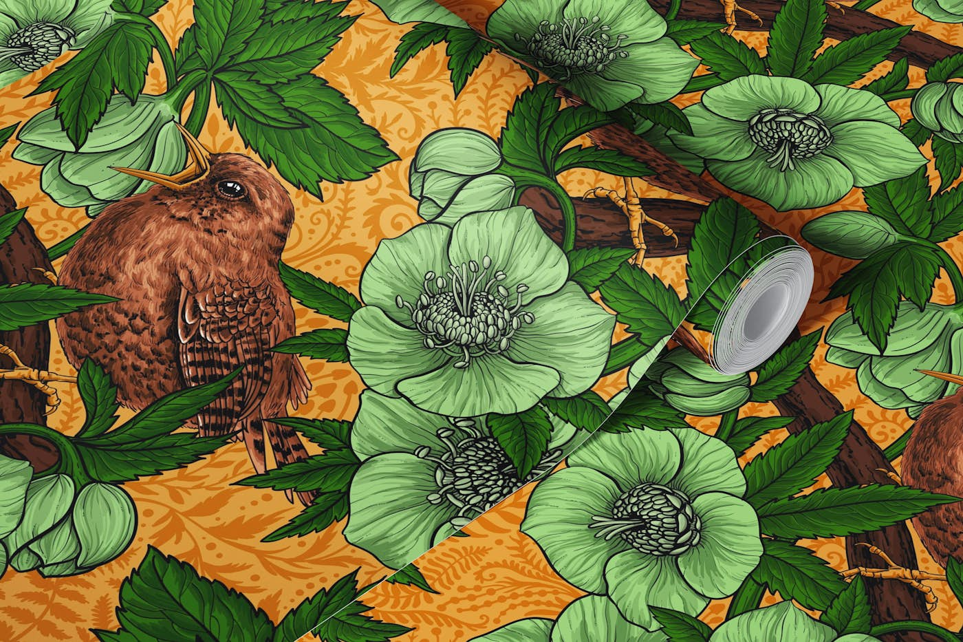 Wren and hellebore on orange wallpaper roll