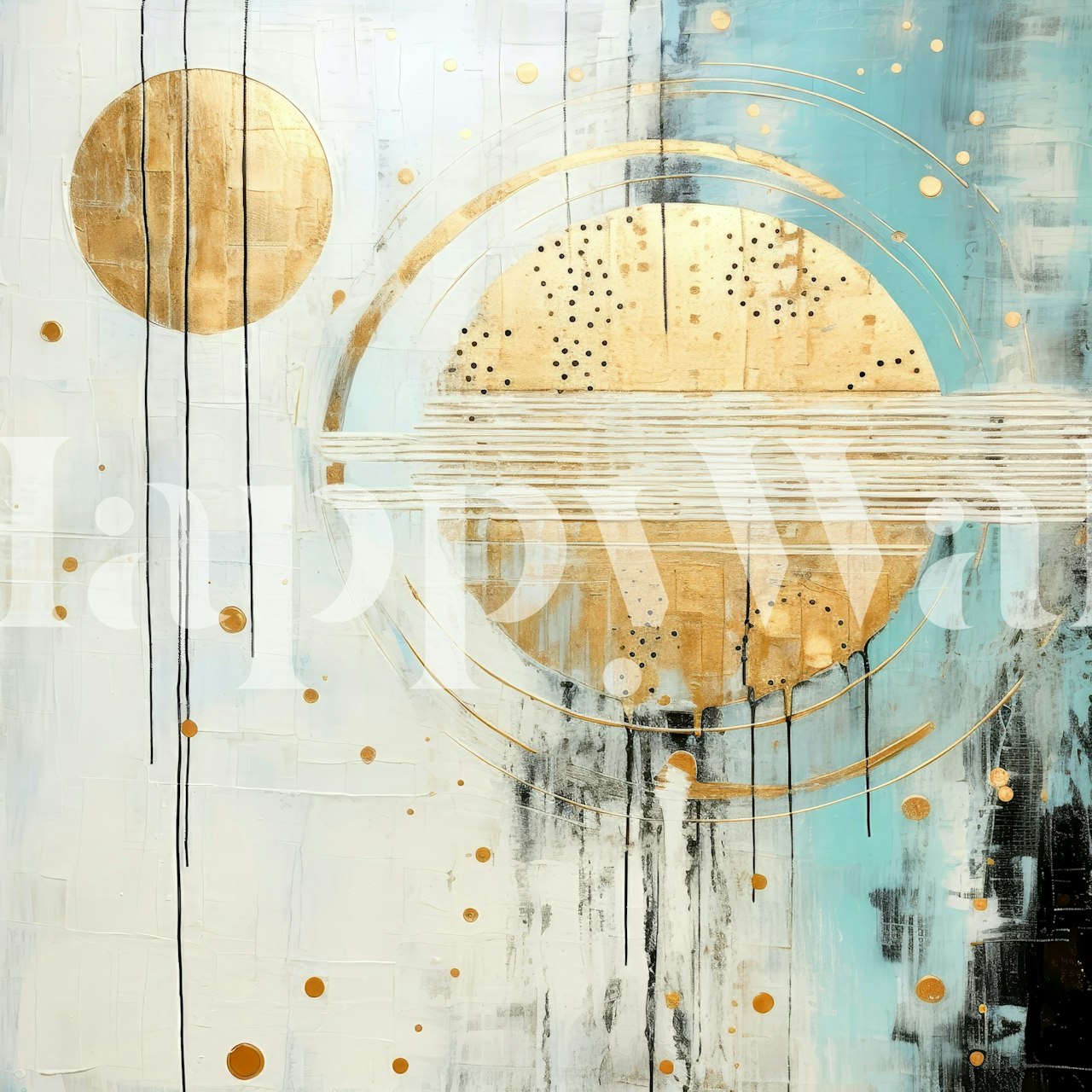 Abstract art wallpaper featuring gold circles and blue accents.