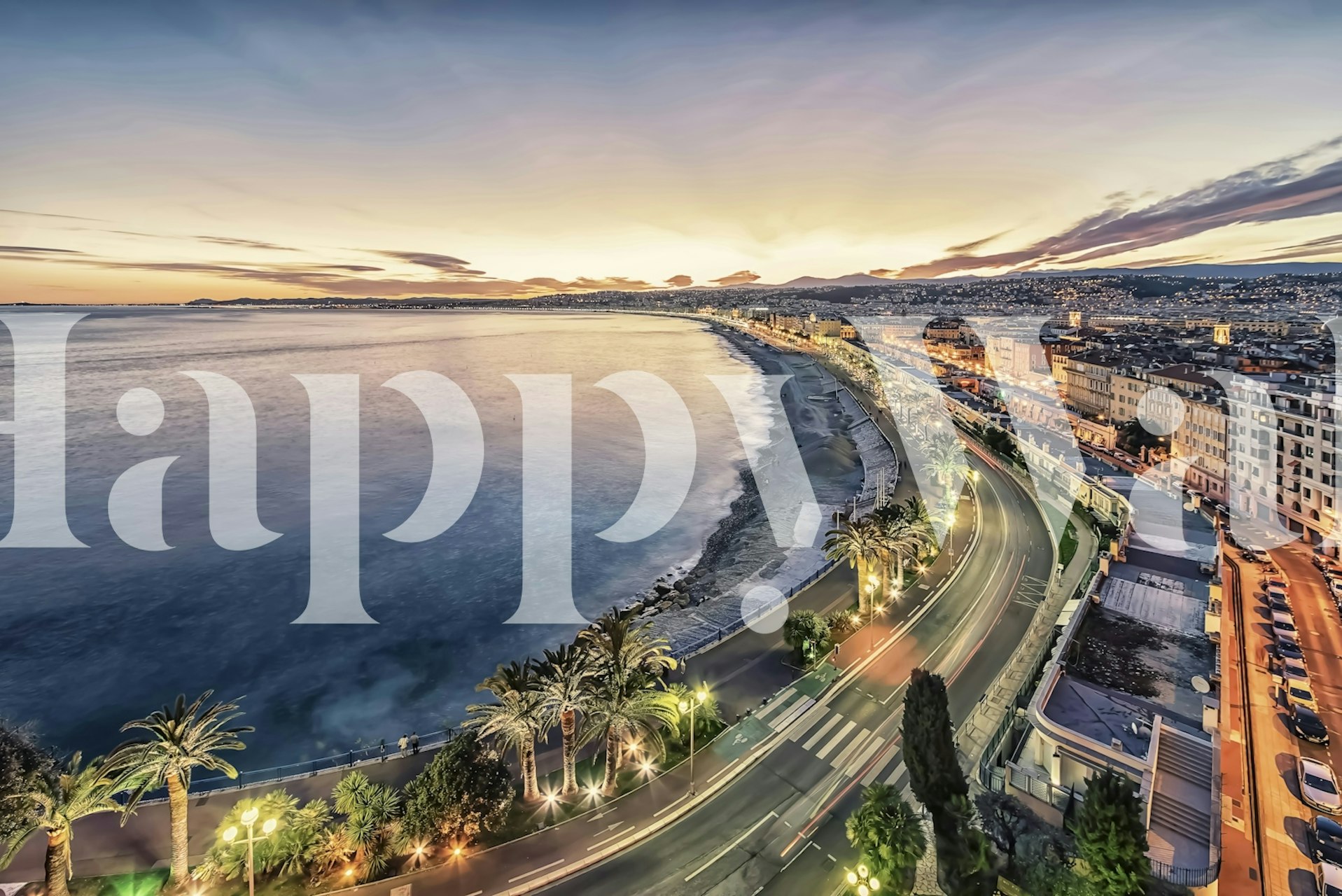 Coastal sunset with palm trees and shoreline wallpaper