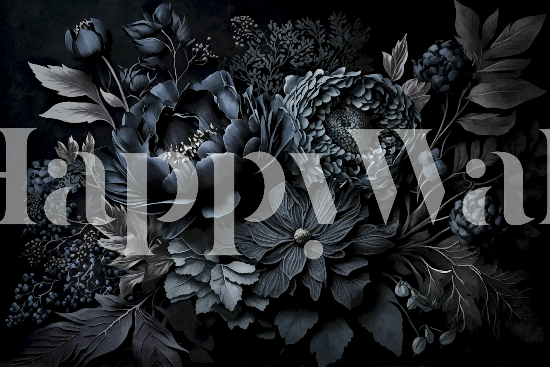 Renaissance-style wall mural featuring moody opulent flowers in shades of blue on a dark background