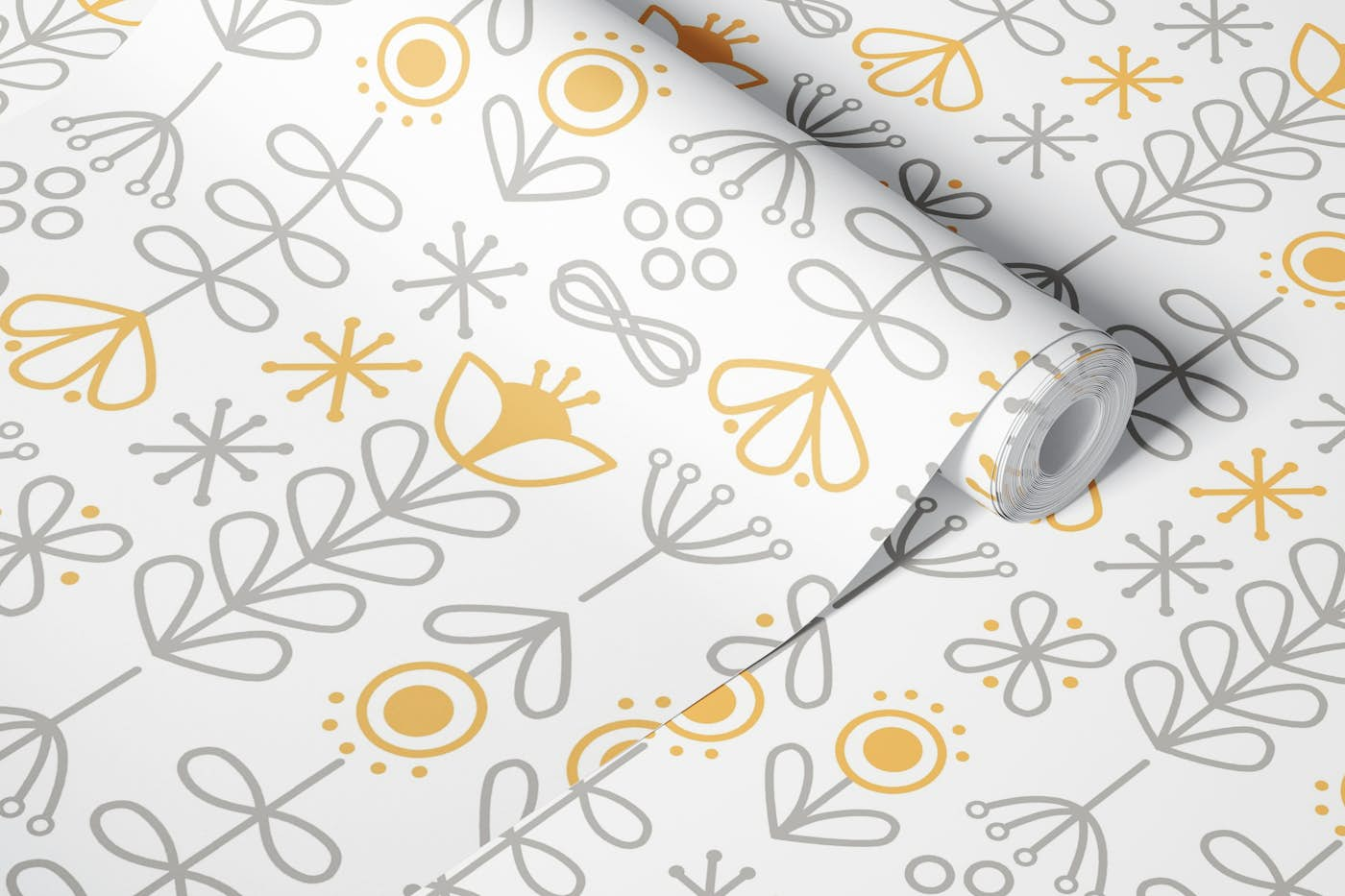 Folk Floral in Ochre Yellow wallpaper roll