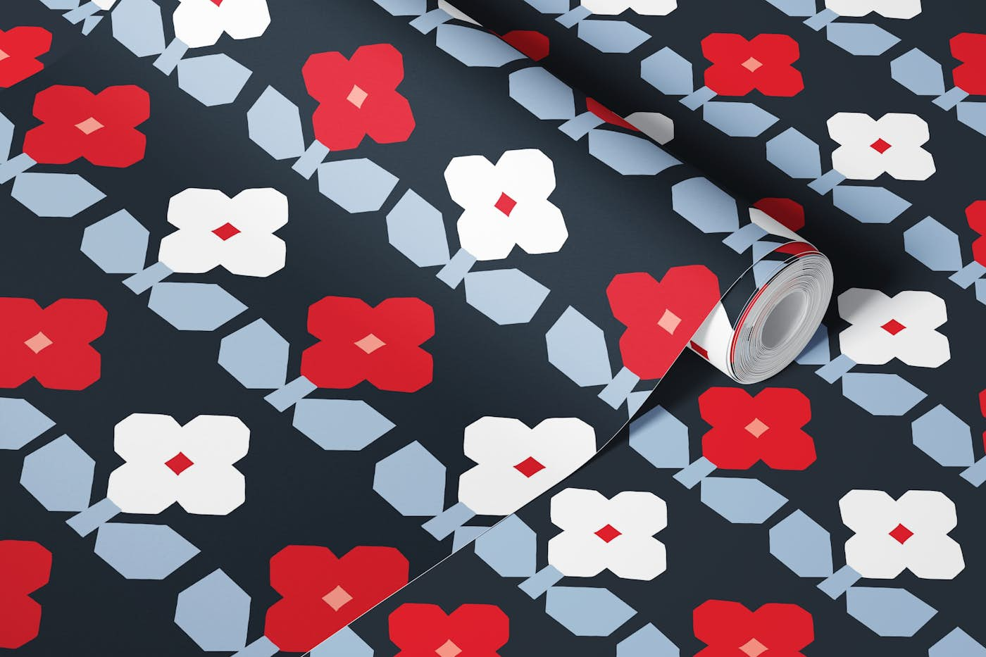 Cross Stich Floral on Blue wallpaper roll