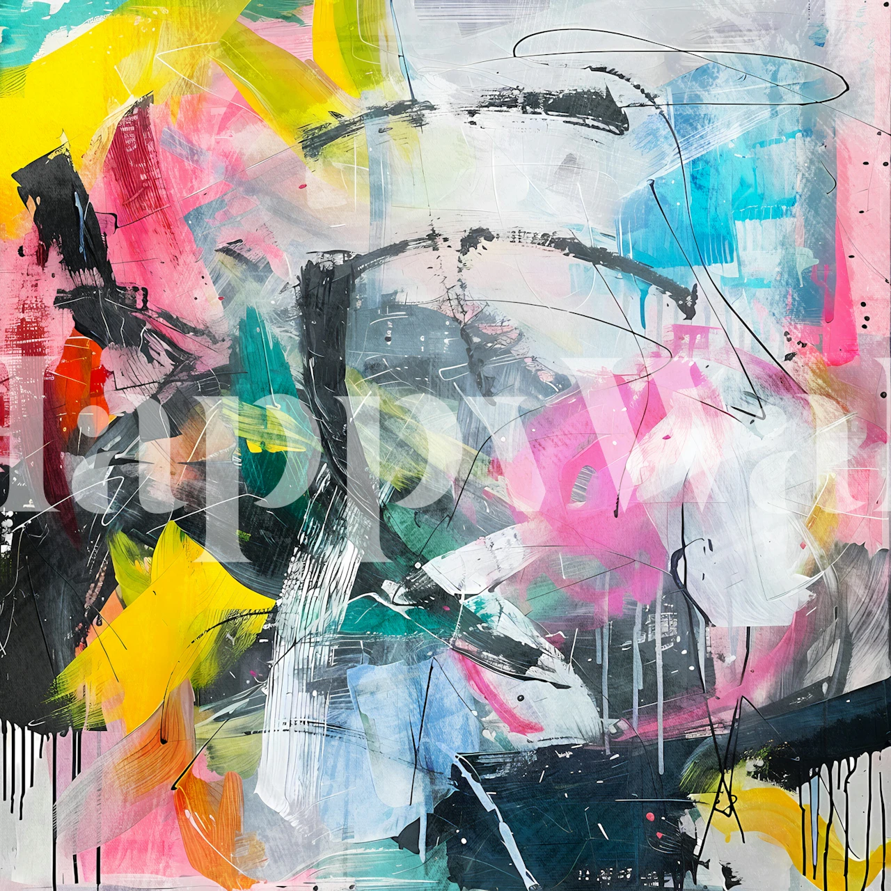 Colorful brush strokes in pink, yellow, blue, and black abstract wallpaper