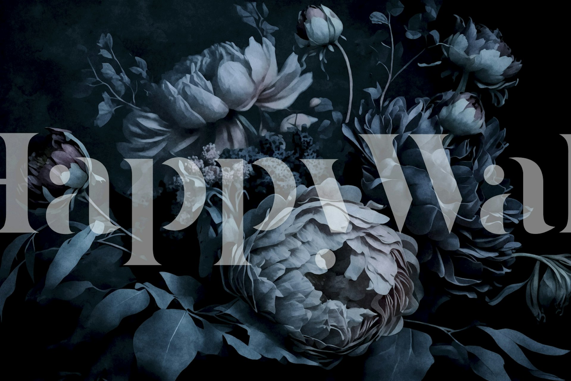 Dark blue floral wallpaper with peonies and leaves