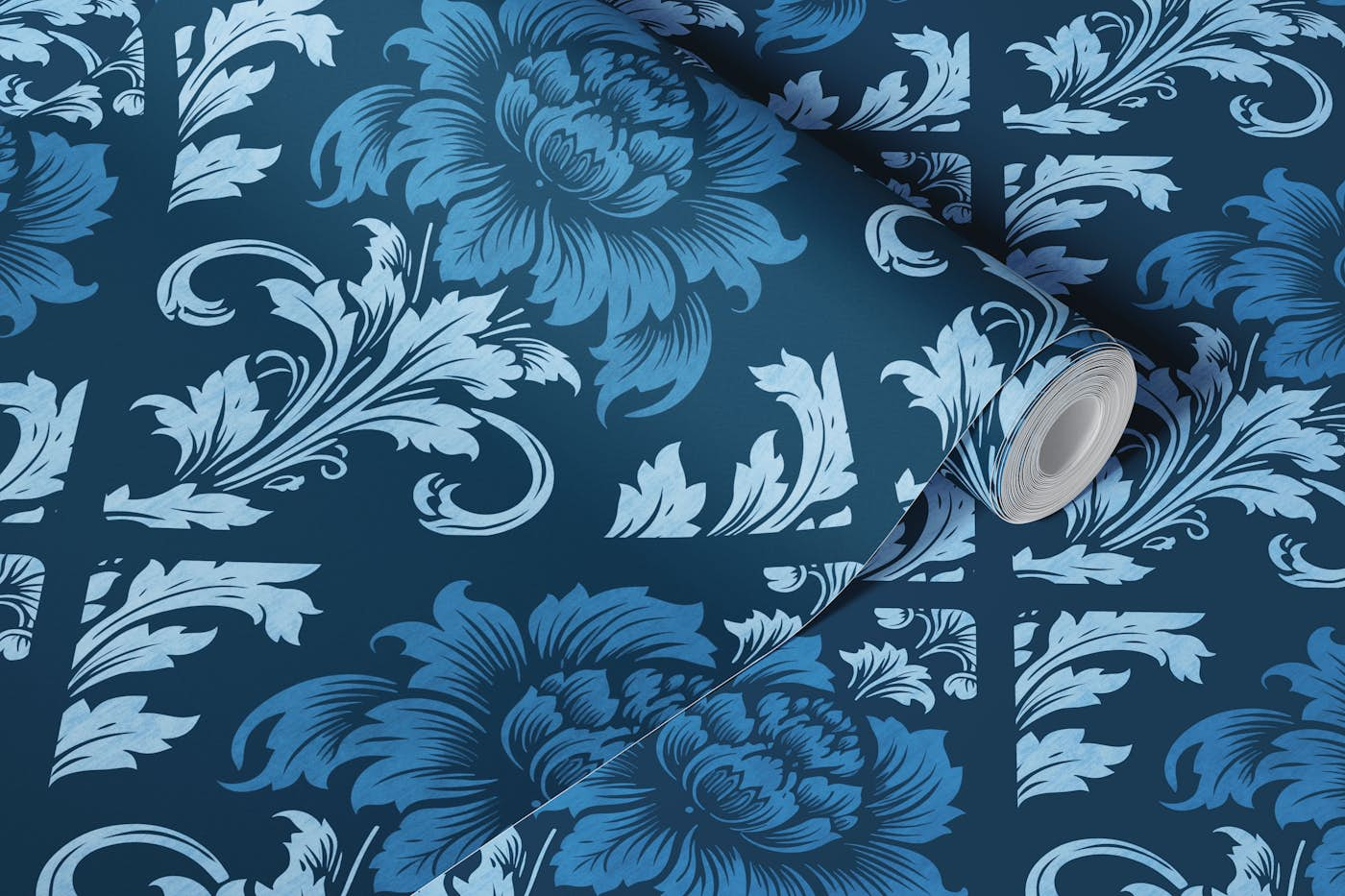 Victorian Rose Damask Pattern Blue wallpaper roll