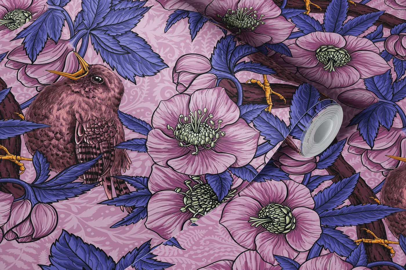 Wren and hellebore, pink and violet wallpaper roll