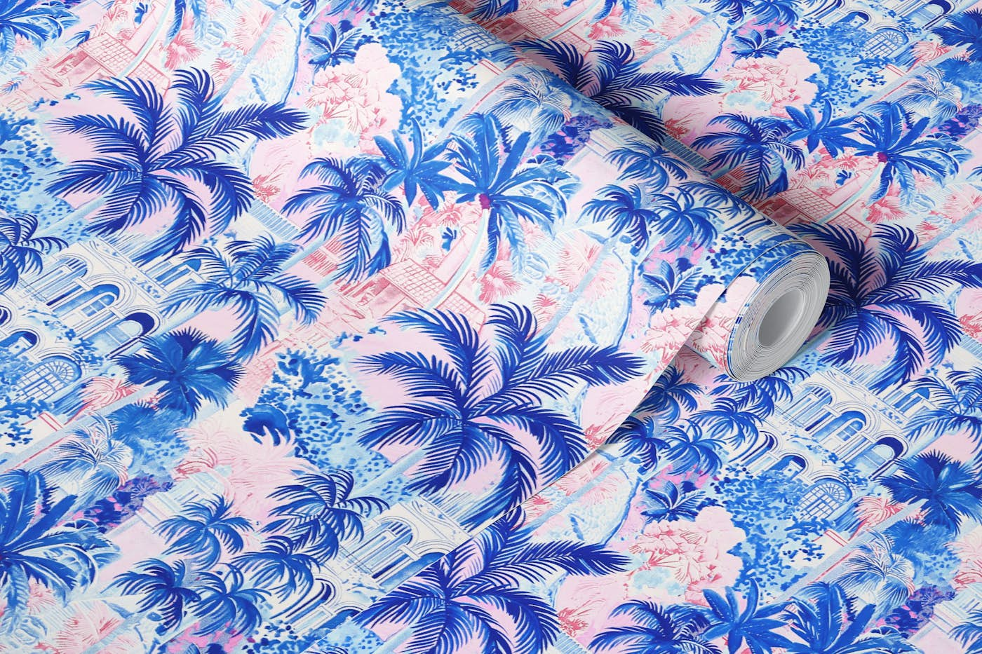 Tropical Resort in Blue and Pink wallpaper roll