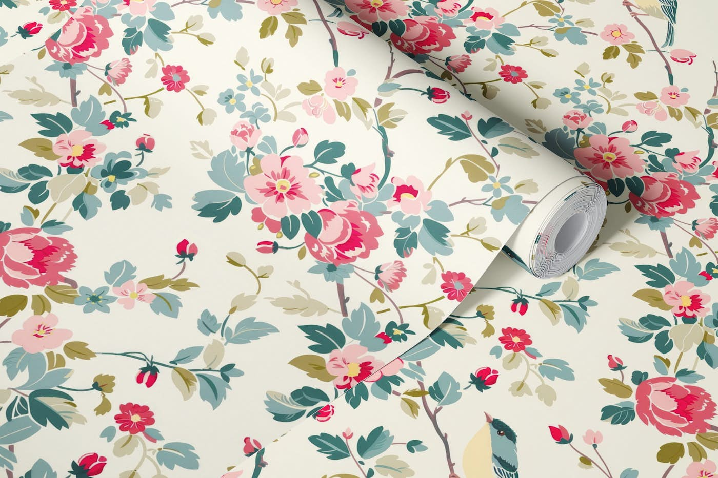 Rose Garden and the Bird blockprint wallpaper roll