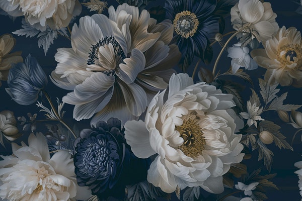 Bloomy Baroque Regency Flowers Ivory Blue